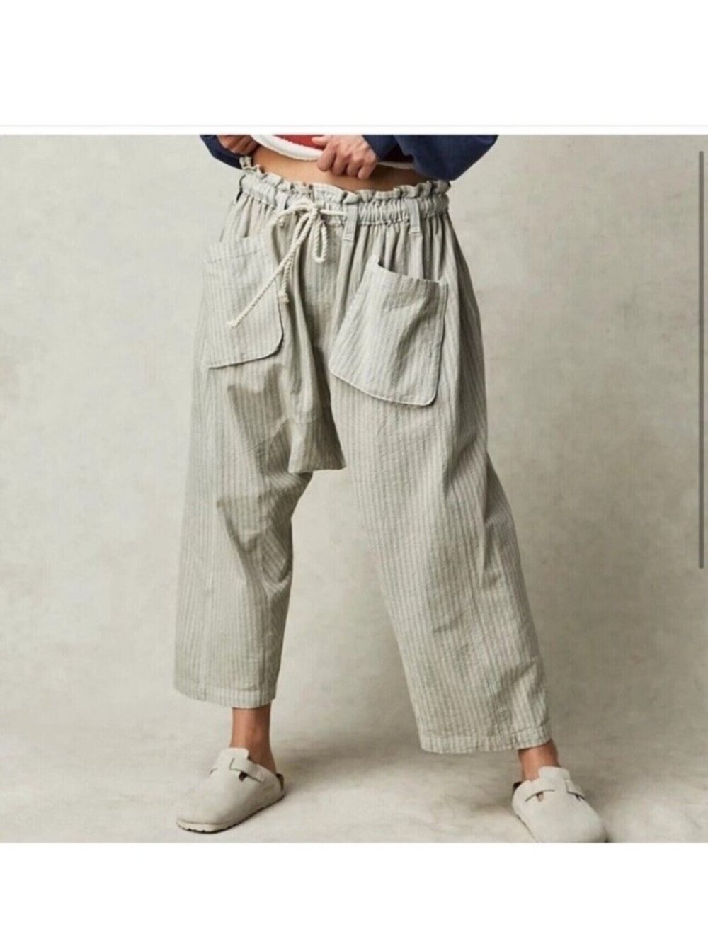 Free People Small Runyon Sky Blue Stripe Oversized Drawstring Harem Pants STAIN - Picture 3 of 16